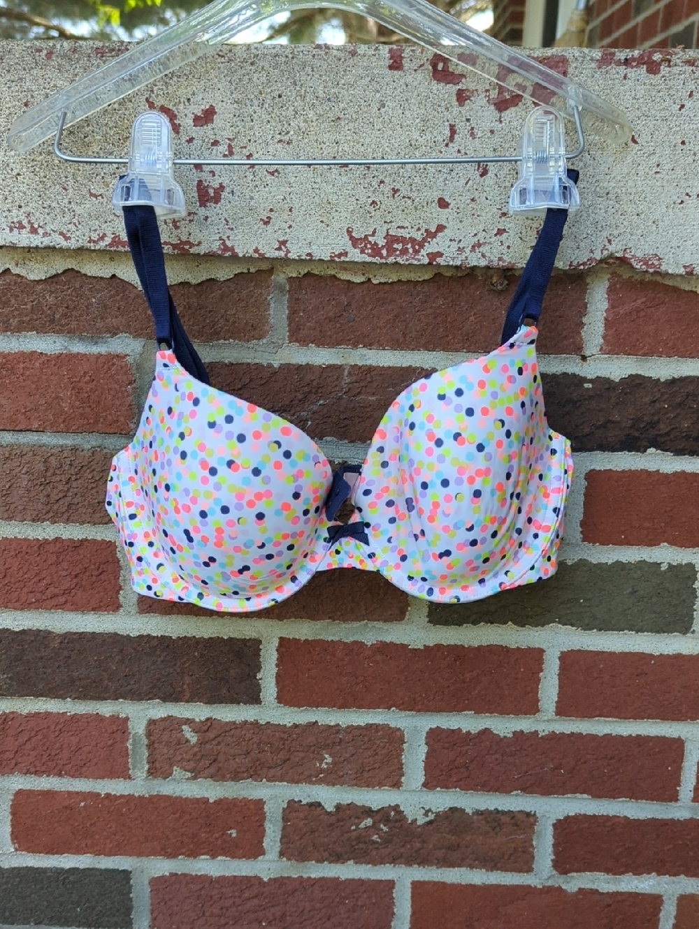 Victoria's Secret White Polka Dot Underwire Bra with Navy Straps